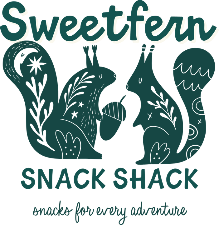 Sweetfern Snack Shack. Two squirrels sharing an acorn. Snacks for every adventure.