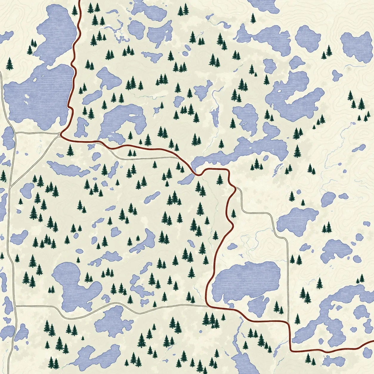 Map of the lakes and forest around Sayner, with the Heart of Vilas County Bike Trail running through it.