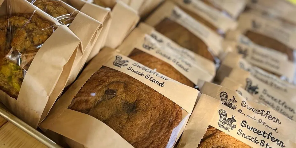 Sweetfern Snack Shack bags of cookies and loaves, stamped and wrapped.